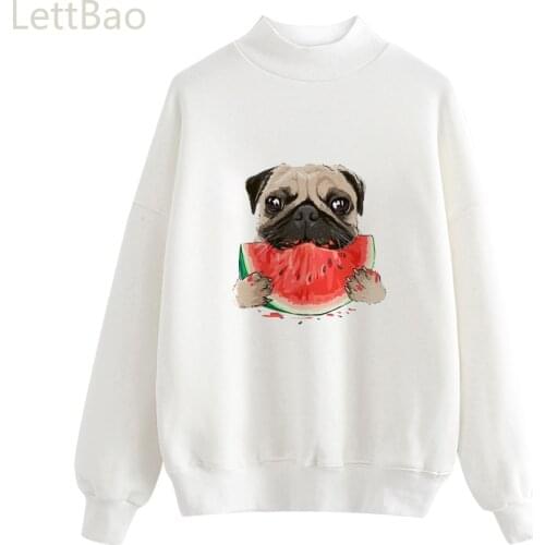 Funny Pug Dog Eating Watermelon Women Hoodies Kawaii Casual Ulzzang Harajuku Streetwear Autumn O Neck Long Sleeve Pullovers