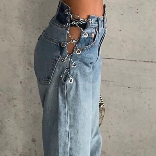 Womens Korean Loose Straight Jeans Fashion Solid Color Chain Bandage High-waist Denim Pants with Pocket