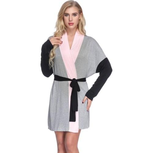 Modal Patchwork Novelty Sleepwear Long Sleeve Home Dressing Gown Muti Color Sexy Women Robe Kimono Bathrobe Gown With Belt