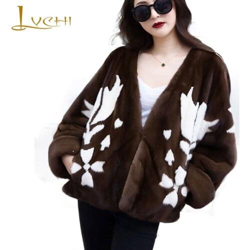 LVCHI 2019 Import Velvet V-Neck Real Mink Fur Coat Womens Long Sleeve Print Flower Short Coat Loss Real Natural Fur Mink Coats
