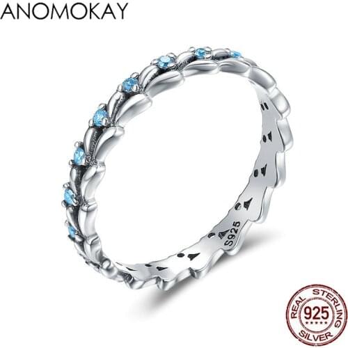 Anomokay Real 100% 925 Sterling Silver Wheat Wave & Clear CZ Stackable Ring Finger Rings for Women Sterling 925 Silver Rings