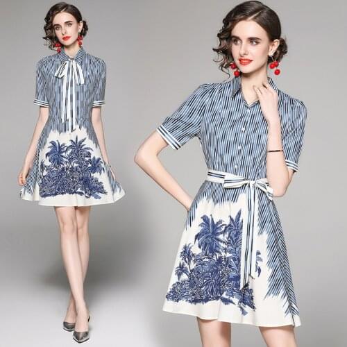 Dropshipping Spring Summer Fall Autumn Vintage Print Collar Bow Short Sleeve Women Ladies Party Casual A-Line Beach Short Dress