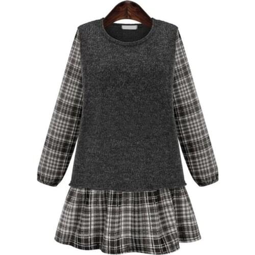 Large size womens spring and autumn new round neck fake two long-sleeved plaid short paragraph dress lotus leaf side