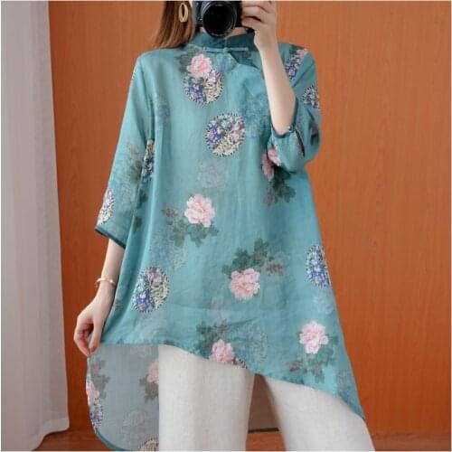 Blouses 2021 Women Hanfu Tops Irregular Chinese Shirt Cheongsam Top V Neck Loose Traditional Chinese Style Clothing Women 11995