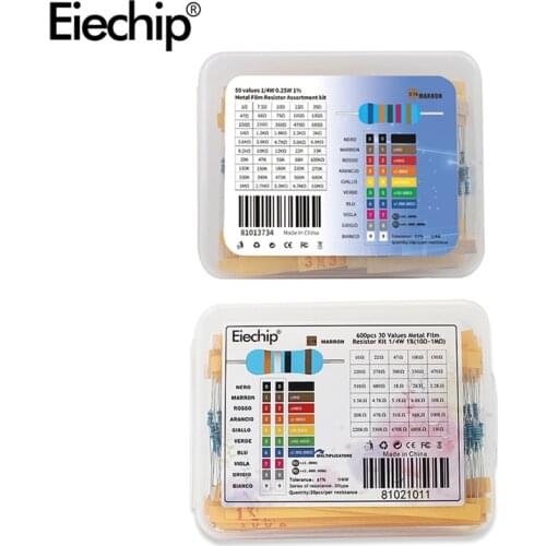 600pcs Metal film Resistor 1/4W 1% throught hole resistors set ,DIY electronic kit use 0.25W color ring resistance 1 ohm ~ 10M