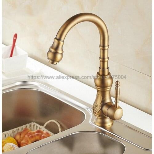 Retro Style Antique Brass Kitchen Faucet Cold and Hot Water Mixer Single Handle 360 Degree RotationTap Nan004