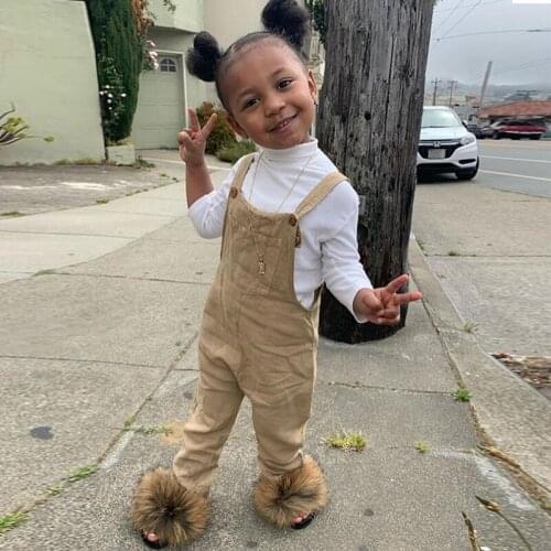 Kids Fur Slippers Fluffy Anti-Slippery Sliders Children Furry Flip-Flops Real Fox Fur Sandals Indoor Outdoor New Hot Sale