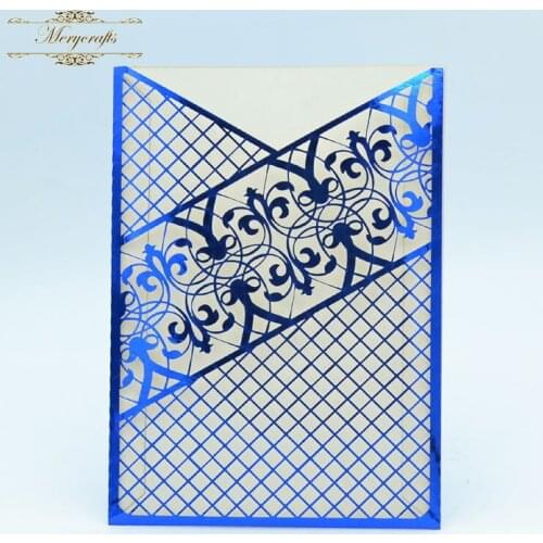 Elegant royal blue grid shiny laser cut pocket wedding invitation card with blank inner card and envelope