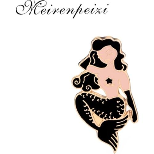 Tattoo Style Black Woman Goth Mergirl Enamel Pin Ocean Lapel Pin Badge Jewelry Cloisonne Backpack Button Brooches