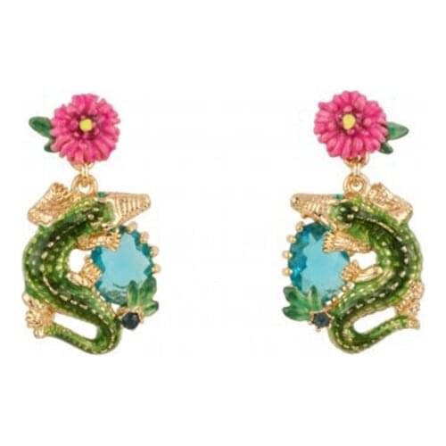 European and American New Fashion Enamel Colored Glaze Green Crocodile Pink Flower Stud Earrings Earrings Are Not Fading Female