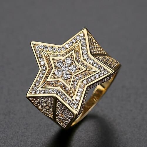 Hip Hop Jewelry Gift Punk Star Pentagram Zircon Iced Ring Copper Full Pave Bling Zircon Gold Silver Color Big Ring for Women Men