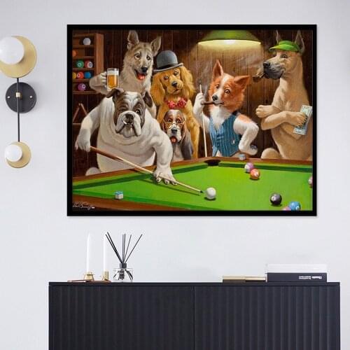 Creative Cartoon Animal Print Canvas Painting Dog Playing Billiard Poster Living Room Wall Art Pictures Home Decoration Mural
