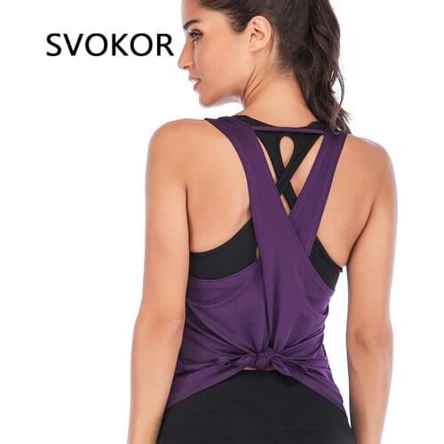 SVOKOR Cross Back Gym T Shirts Women Sports Crop Top Workout Womens Sleeveless Backless Athletic Fitness Vest Quick Dry Black