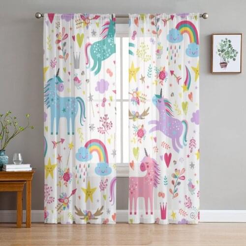 Cartoon Cute Unicorn Sheer Curtains for Living Room Bedroom Tulle Curtains Kitchen Window Treatments Panel Drapes