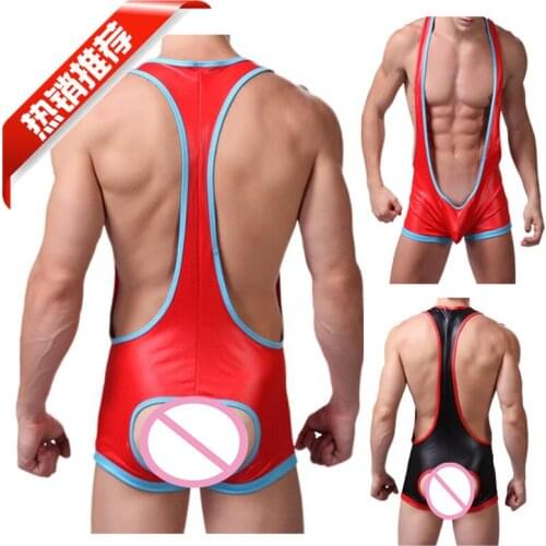 New Strong Mens Faux Leather Teddy Bodysuit Fetish Hollow Out Men Underwear Wrestling Singlet Lingerie Erotic Gay Male Leotard