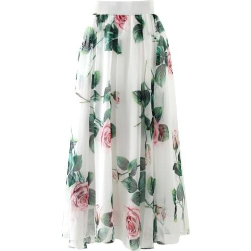Customize Women Summer Fashion Floral Rose Print Skirt Ladys Casual Plus Size 3XS-10XL Retro Vintage Maxi Long Chiffon Skirts