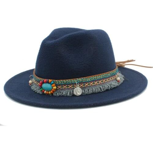New Wool Women Men Felt Fedora Hat With Tassel Bohemia Ribbon Elegant Lady Winter Autumn Jazz Church Godfather Sombrero Caps