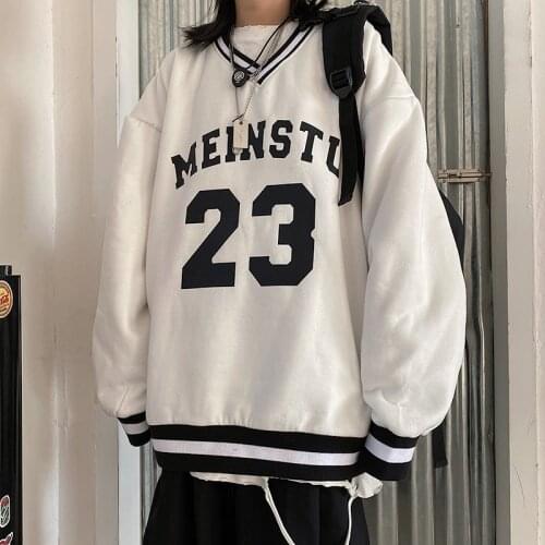 Vintage V-neck White Letter Print Oversized Sweatshirt Women Men Sports Baseball Long Sleeve Loose Casual American Street Autumn