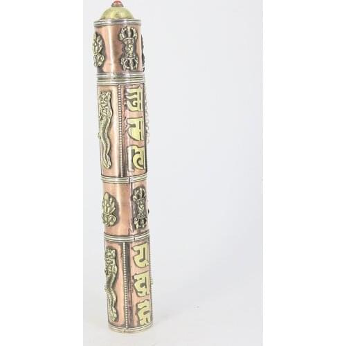 Tibetan Brass Antiqued Incense Box Metal Amulet Cylinder incense Case 10inch