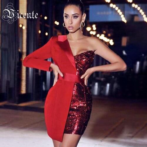 VC All Free Shipping New Trendy Sparkle Sequins One Shoulder Sashes Design Celebrtiy Party Club Mini Dress