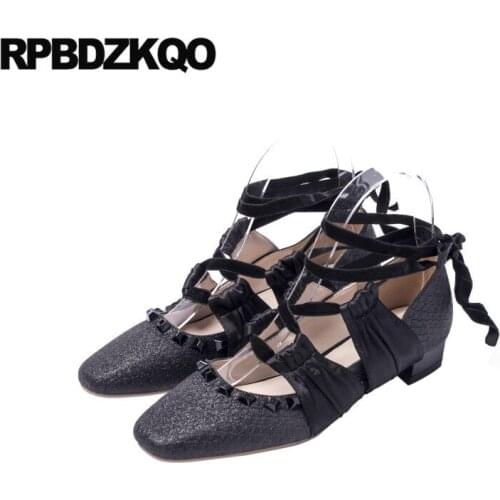 Japanese rivet tie up black women square toe ladies low heels shoes block glitter pink pumps lace cross strap strappy silk stud