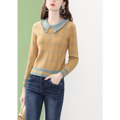 ONLY PLUS Women Yellow Plaid Knitted Blouse Peter Pan Collar Casual Long Sleeve Tops Winter Knitwear Pullover Streetwear 2021