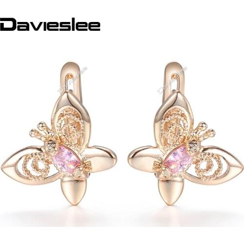 Davieslee Butterfly Womens Stud Earrings Pink CZ Rose Gold Earrings For Woman Jewelry 2018 Dropshipping Wholesale Gifts LGE67