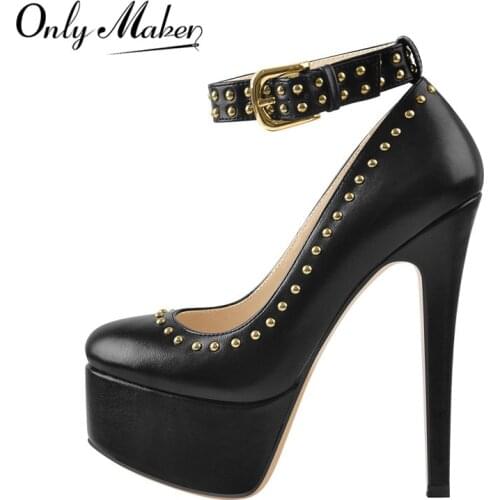 Onlymaker Women Black Red Round Toe Platform Pumps Ankle Strap Stiletto High Heels Dress Buckle Shoes Large Size