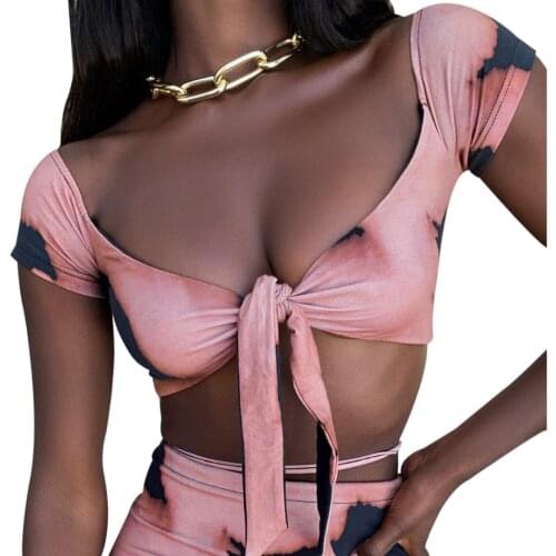 Womens Tie Dye Crop Tops, Sexy Off Shoulder Short Sleeve Tie Knot Front T-Shirts