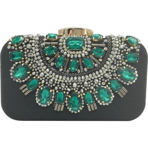 Boutique De FGG Green Emerald Women Beaded Evening Clutch Bags Gala Dinner Party Rhinestone Handbags Bridal Wedding Purse