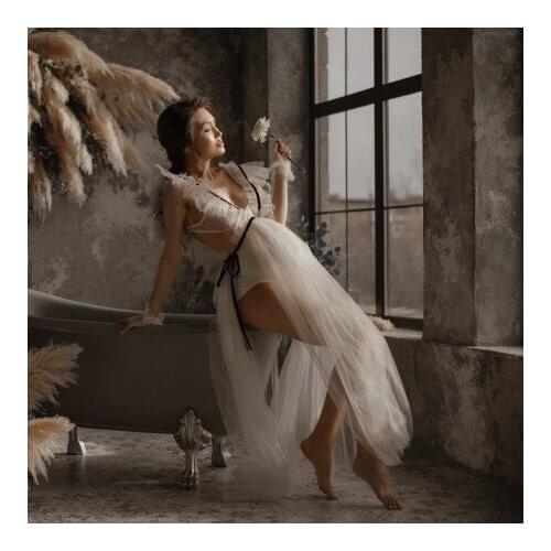 Sexy Tulle Pregnancy Dresses Big V Neck With Straps Sleeveless Ivory Women Plus Size Maternity Photo Shoot Gowns 2021