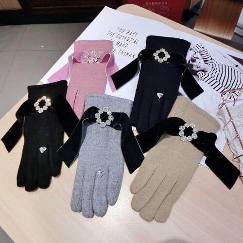 Winter Diamonds Gem Wool Knit Warm Touch Screen Mittens Female Double Layer Plus Plush Thick Cashmere Driving Black Gloves Hot