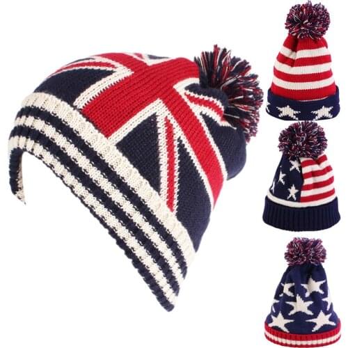 Winter Unisex Knitted Beanies Warm Earmuff Head Hat British Flag Curled with Pompom Hat Outside Fashion Womens Hats for Men