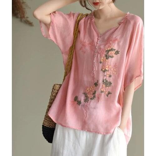 100% Cotton Embroidery Women T-Shirts Summer New 2021 V-Neck Vintage Loose Pink Flower Female Pulls Outwear Tops
