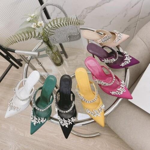 2021 Crystal Woman Slippers 9cm Heels Woman Shoes Modern Slippers Silk Slippers Luxury Ladies Shoes Party Sexy Zapatos De Mujer