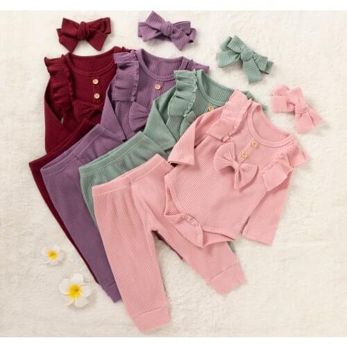 3 Pcs Baby Casual Outfits Solid Color Ruffled Long Sleeves Romper + Elastic Waist Pants + Headband Toddler Girls 0-24 Months