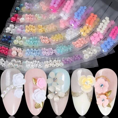 6Grids/Pack 3D Rose Various Petal Resin Glazed Flowers Pearl Arylic Nail Art Rhinestone Gems Decorations Manicure DIY Tips