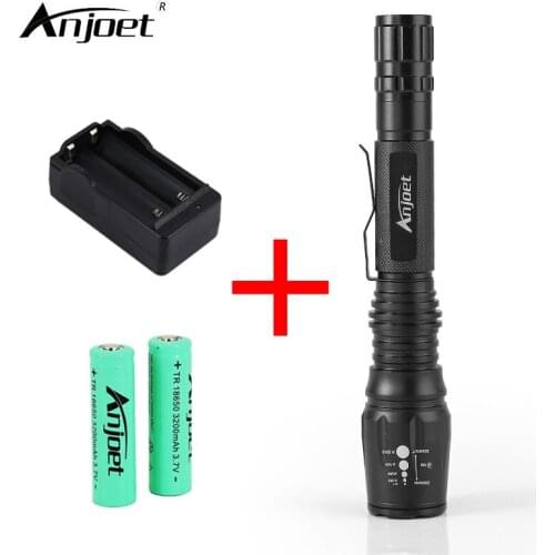 ANJOET 1000LM Flashlight LED XM-L T6 Torch Zoomable Focus Tactical Flashlight Camping Light Lamp+2x18650 Battery+Charger
