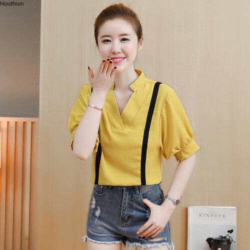 Houthion Chiffon Slim Womens Blouses Fashion Short Sleeve Top New Casual Blouse Vertical Stripes V-neck Shirt Summer