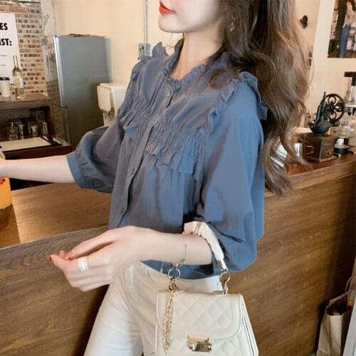Summer New Casual Womens Loose Blouses Female Korean Style Round Collar Shirt Tops Half Sleeve Sweet Solid Color Blouse L277