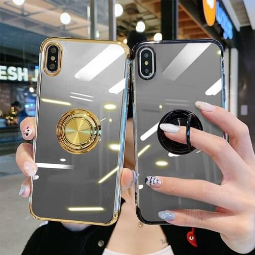 For iPhone 11 Case Luxury Metal Ring Holder Stand Clear Plating Phone Cover for iPhone 12 Pro Max 7 8 Plus 6 6s XR X XS MAX Case