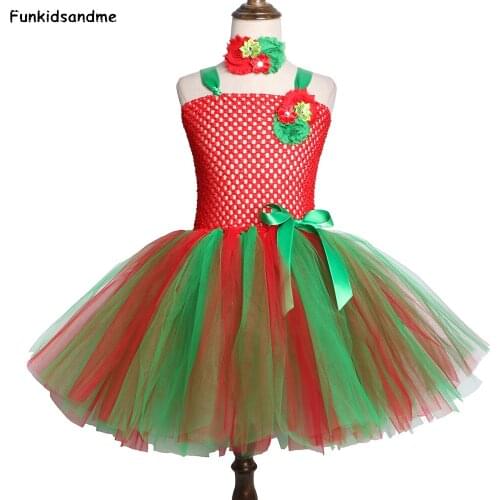 Flower Girls Christmas Tutu Dress with Headband Red Green Kids Christmas Costumes for Girls New Year Xmas Party Dress Clothes