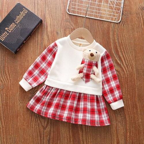 Baby Girls Autumn Doll Bear Patchwork Lattice Cotton Knitting Dresses Clothes Toddler Infant Dress Children dress 2 3 4 5Year