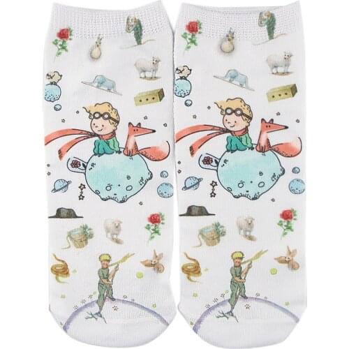 P5911 1 Pair Cartoons Art Prince and fox Socks Women Cute Design Painting Harajuku Skateboard Female Happy Cotton Sock