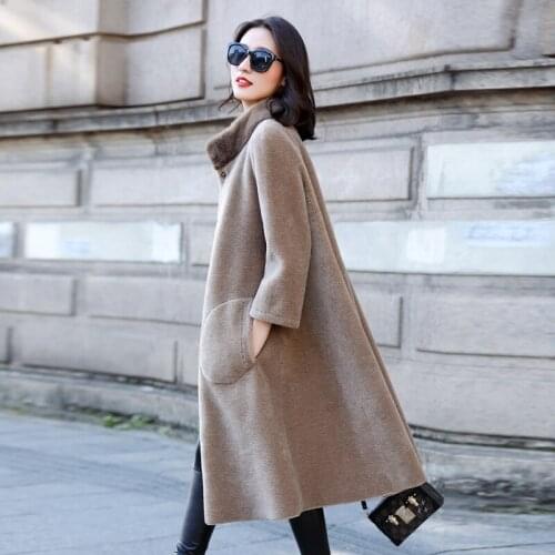 Real Fur Coat Women Long Autumn Winter Jacket Sheep Shearing Wool Coat Korean Womens Fur Coats Mink Fur Collar ZM-2288-1 KJ5156
