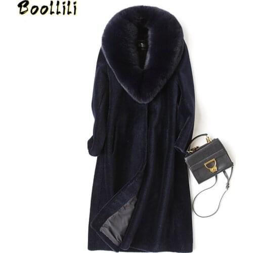 Boollili Women Winter Sheep Shearling Fur Coat Large Natural Fox Fur Collar Long Warm Real Fur Coats Genuine Wool Jackets