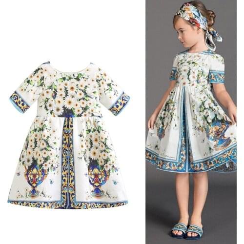 Girls Dress Children Royal Vintage Short Sleeve Princess Dresses Baby Girl Italian Style Spring Chrysanthemum Vase Print Clothes