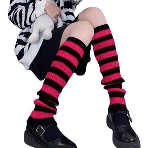 Japan Style Striped Knit Long Socks Women Outdoor Knee High Elastic Leg Warmers Winter Warm Slim Gothic Hip Hop Punk Rock Socks