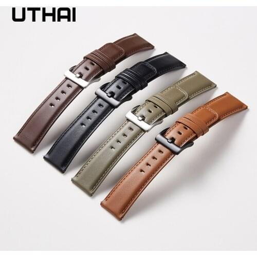 UTHAI F17 Genuine Leather Watchband for Samsung galaxy watch Huawei band 20mm 22mm Smart watch Pin buckle Band Watch accessories