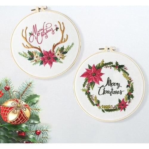 Christmas Wreath Cross Stitch Kit for Beginner With Embroidery Hoop Merry Christmas Punch Needle Embroidery Kits Xmas Decor